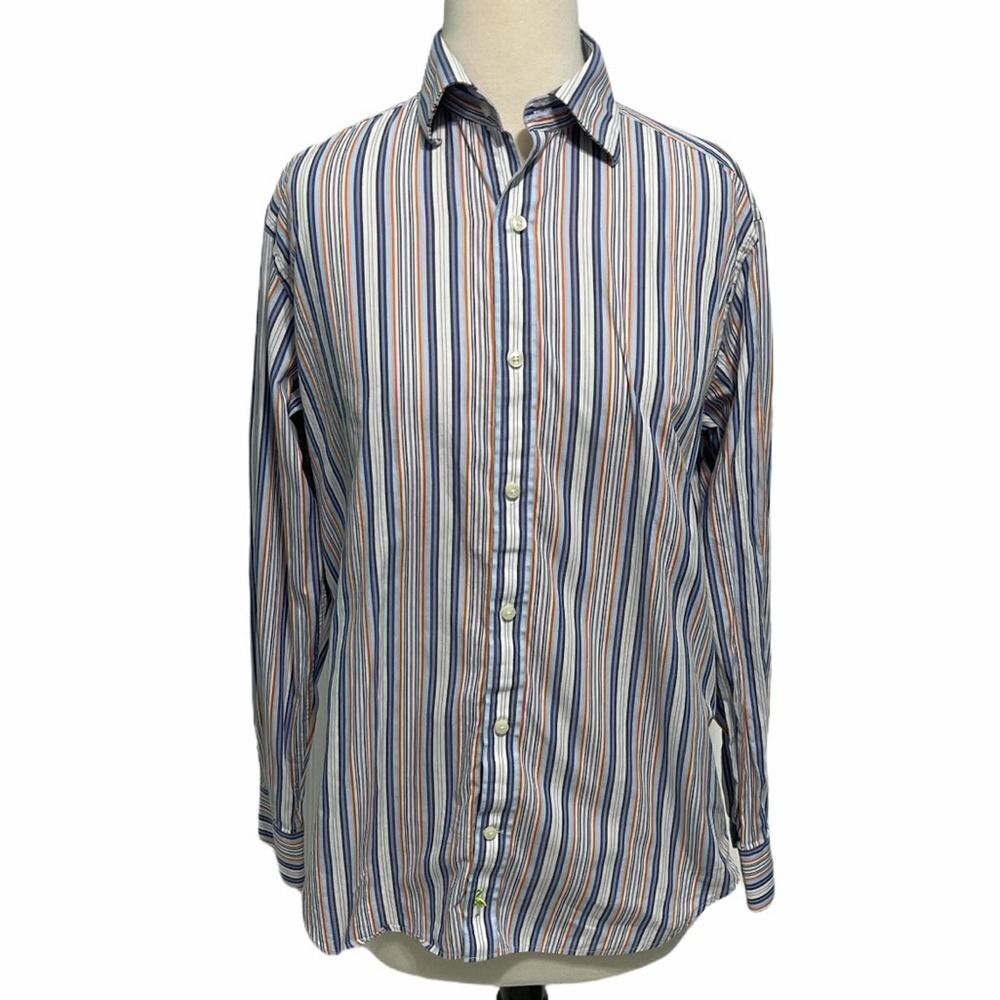 Tailorbyrd Stripe Cotton Button Down Shirt Long Sleeve Blue Orange White Medium‎